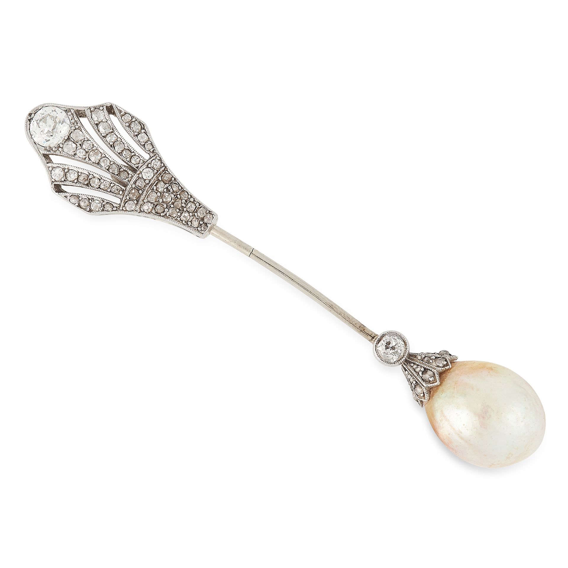 AN ART DECO NATURAL PEARL AND DIAMOND JABOT PIN, EARLY 20TH CENTURY set at one end with a natural