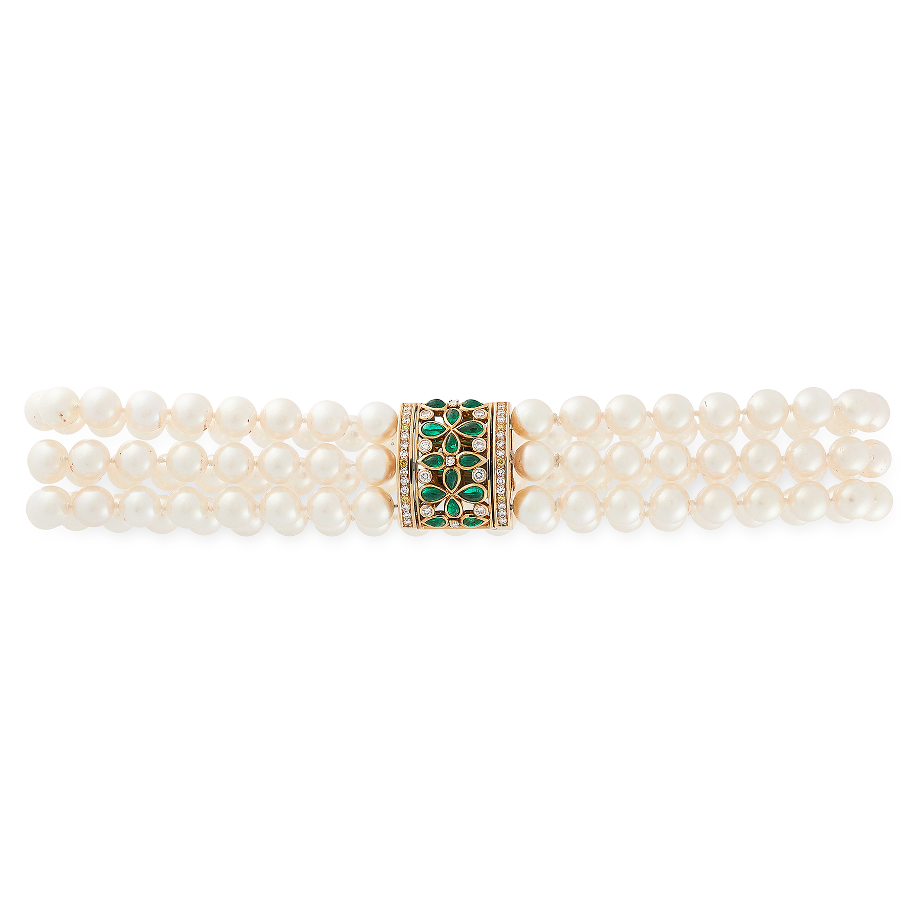 A PEARL, EMERALD AND DIAMOND CHOKER NECKLACE, CARTIER 1998 in 18ct yellow gold, comprising three