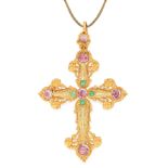 AN ANTIQUE GEORGIAN PINK TOPAZ AND EMERALD CROSS PENDANT in high carat yellow gold, designed as a