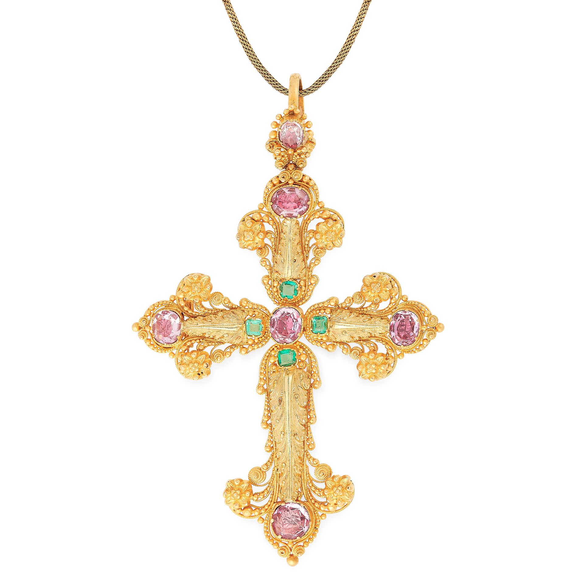 AN ANTIQUE GEORGIAN PINK TOPAZ AND EMERALD CROSS PENDANT in high carat yellow gold, designed as a