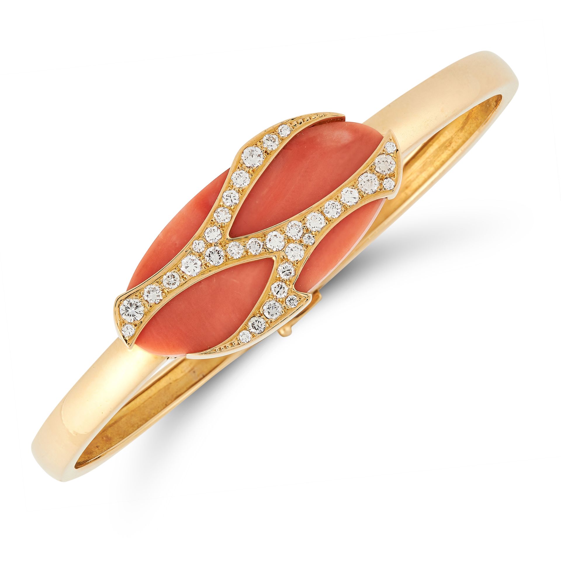 A VINTAGE CORAL AND DIAMOND BANGLE AND RING SUITE in 18ct yellow gold each set with an oval polished