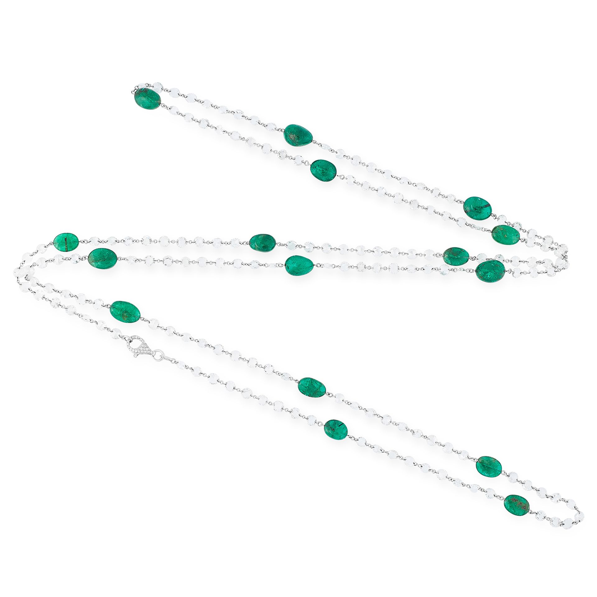 AN EMERALD AND DIAMOND SAUTOIR NECKLACE in 18ct white gold, comprising of alternating polished