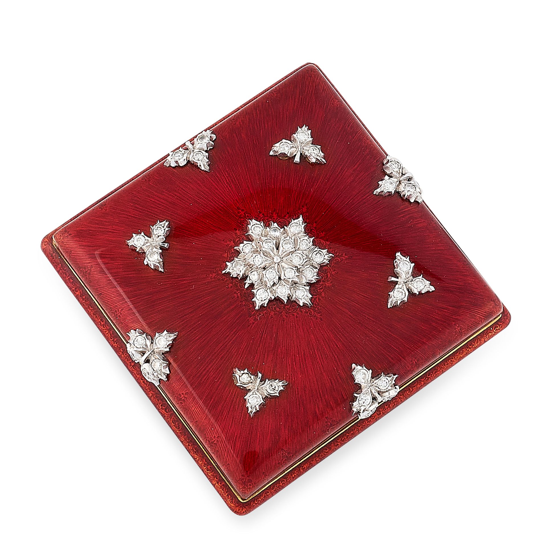 A VINTAGE DIAMOND AND ENAMEL COMPACT, ATTR BUCCELLATI in yellow gold, of squared design, the body