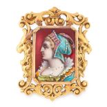 AN ANTIQUE ENAMEL PORTRAIT BROOCH, CIRCA 1900 in 18ct yellow gold, the cut cornered rectangular