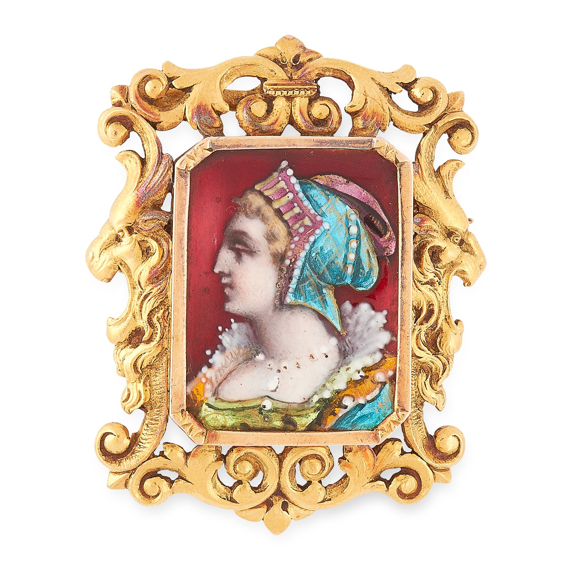 AN ANTIQUE ENAMEL PORTRAIT BROOCH, CIRCA 1900 in 18ct yellow gold, the cut cornered rectangular