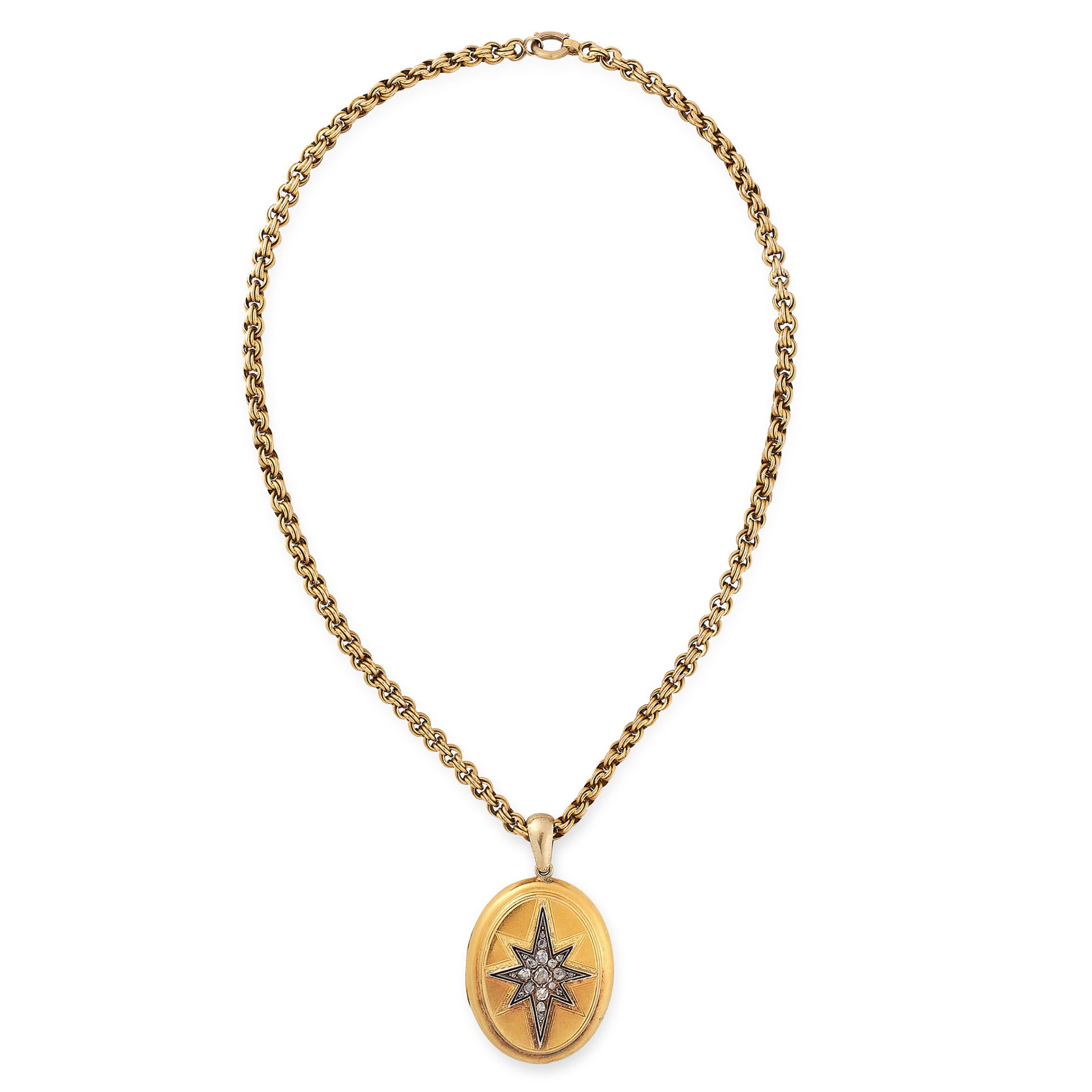 AN ANTIQUE DIAMOND AND ENAMEL LOCKET PENDANT AND CHAIN in 15ct yellow gold, the oval body set with
