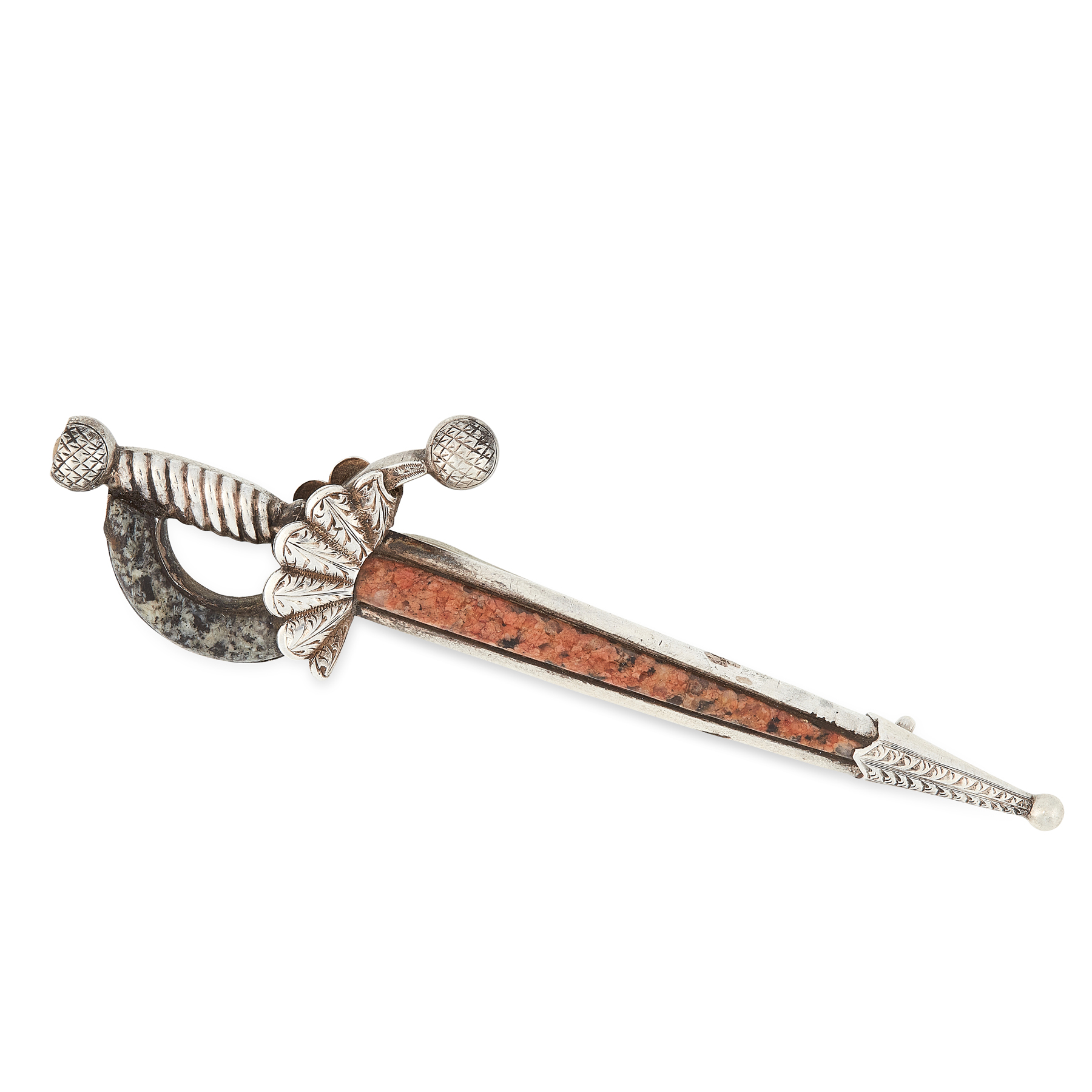 AN ANTIQUE SCOTTISH HARDSTONE KILT PIN BROOCH in silver, designed as a sword, the body and handle