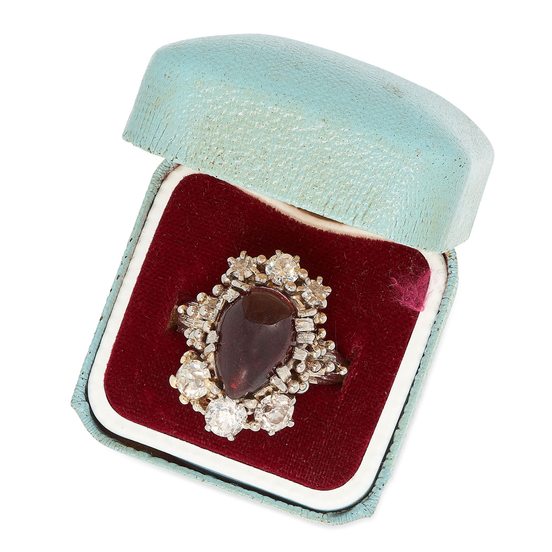 A VINTAGE GARNET AND DIAMOND RING, 1976 in 18ct white gold, set with an antique garnet cabochon - Bild 2 aus 2