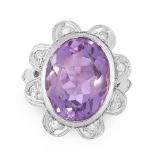 AN AMETHYST AND DIAMOND DRESS RING in white gold, set with an oval cut amethyst within a border of