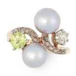 A PEARL, PERIDOT AND DIAMOND DRESS RING in high carat yellow gold, of crossover design, set with two