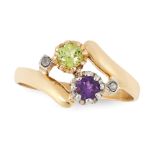 AN ANTIQUE AMETHYST, PERIDOT AND DIAMOND SUFFRAGETTE RING in 18ct yellow gold, of crossover