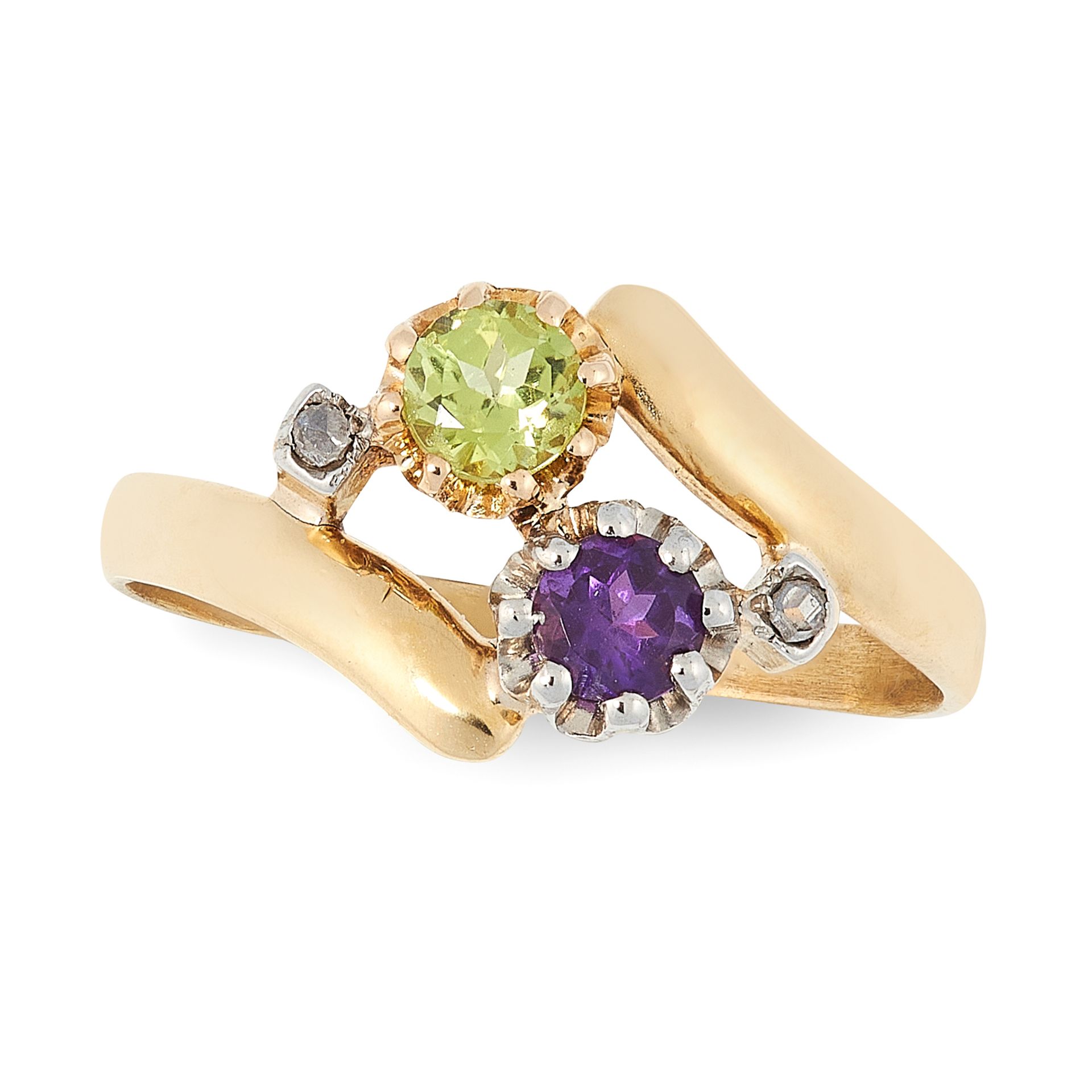 AN ANTIQUE AMETHYST, PERIDOT AND DIAMOND SUFFRAGETTE RING in 18ct yellow gold, of crossover