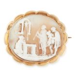 AN ANTIQUE CAMEO BROOCH in 15ct yellow gold, set with an oval carved shell cameo depicting two