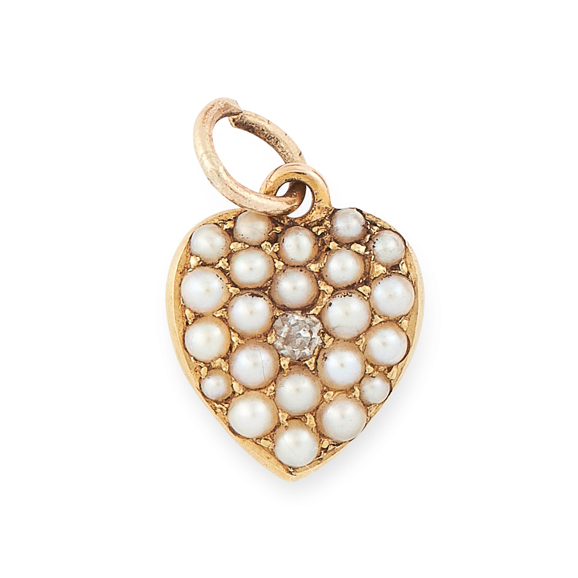 AN ANTIQUE PEARL AND DIAMOND HEART PENDANT / CHARM in 15ct yellow gold, designed as a heart, set