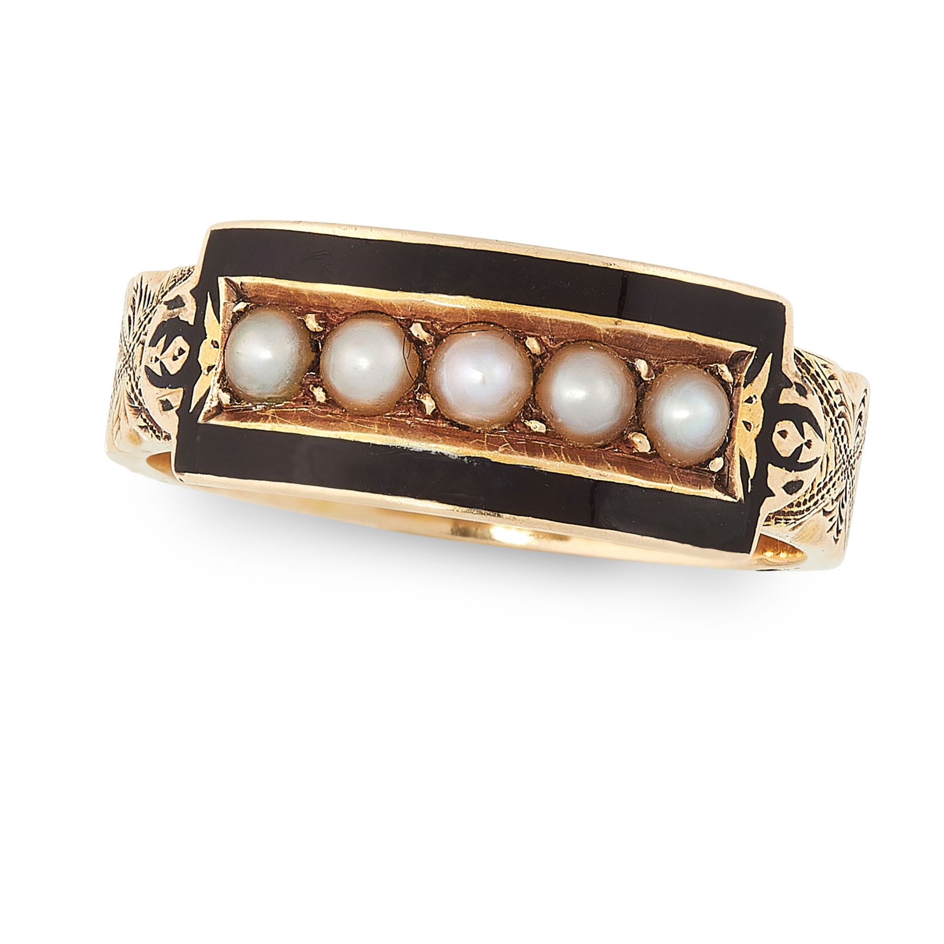 AN ANTIQUE VICTORIAN PEARL AND ENAMEL RING CIRCA 1886 in 15ct yellow old, the band with engraved