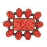 AN ANTIQUE GEORGIAN CARVED CORAL MOURNING LOCKET BROOCH, EARLY 19TH CENTURY set with a central