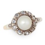 AN ANTIQUE PEARL AND DIAMOND CLUSTER RING in 18ct yellow gold, set with a pearl of 6.8mm within a