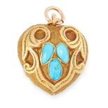 AN ANTIQUE TURQUOISE MOURNING LOCKET PENDNAT in high carat yellow gold, designed as a heart with