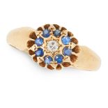 AN ANTIQUE SAPPHIRE AND DIAMOND DRESS RING in 18ct yellow gold, the circular face set with an old