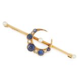 AN ANTIQUE SAPPHIRE, DIAMOND AND PEARL CRESCENT BROOCH in 15ct yellow gold, designed as a crescent