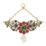AN ANTIQUE EMERALD, DIAMOND, HESSONITE GARNET AND PEARL PENDANT in yellow gold and silver, set