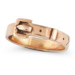 A BUCKLE RING in yellow gold, designed as a belt buckle, coiled around on itself, stamped 9ct,