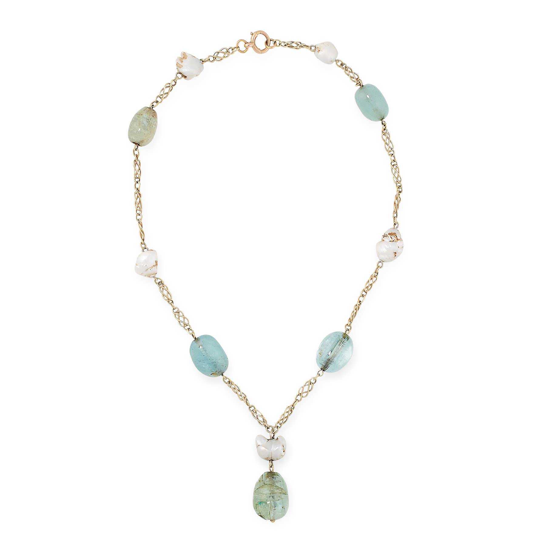 AN EMERALD, AQUAMARINE AND NATURAL PEARL NECKLACE in yellow gold, set with polished emerald and