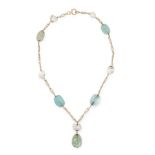 AN EMERALD, AQUAMARINE AND NATURAL PEARL NECKLACE in yellow gold, set with polished emerald and
