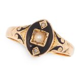 AN ANTIQUE VICTORIAN PEARL AND ENAMEL MOURNING RING in 18ct yellow gold, the nanette face set with a