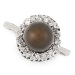 A BLACK PEARL AND DIAMOND DRESS RING in 18ct white gold, set with a black pearl of 8.3mm, within a