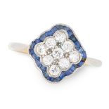 A DIAMOND AND SAPPHIRE DRESS RING in 18ct yellow gold and platinum, in Art Deco design, set with