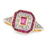 A DIAMOND AND RUBY DRESS RING in high carat yellow gold, in Art Deco design, set with a step cut