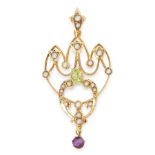 AN ANTIQUE PERIDOT, PEARL AND AMETHYST SUFFRAGETTE PENDANT in 9ct yellow gold, set with an oval