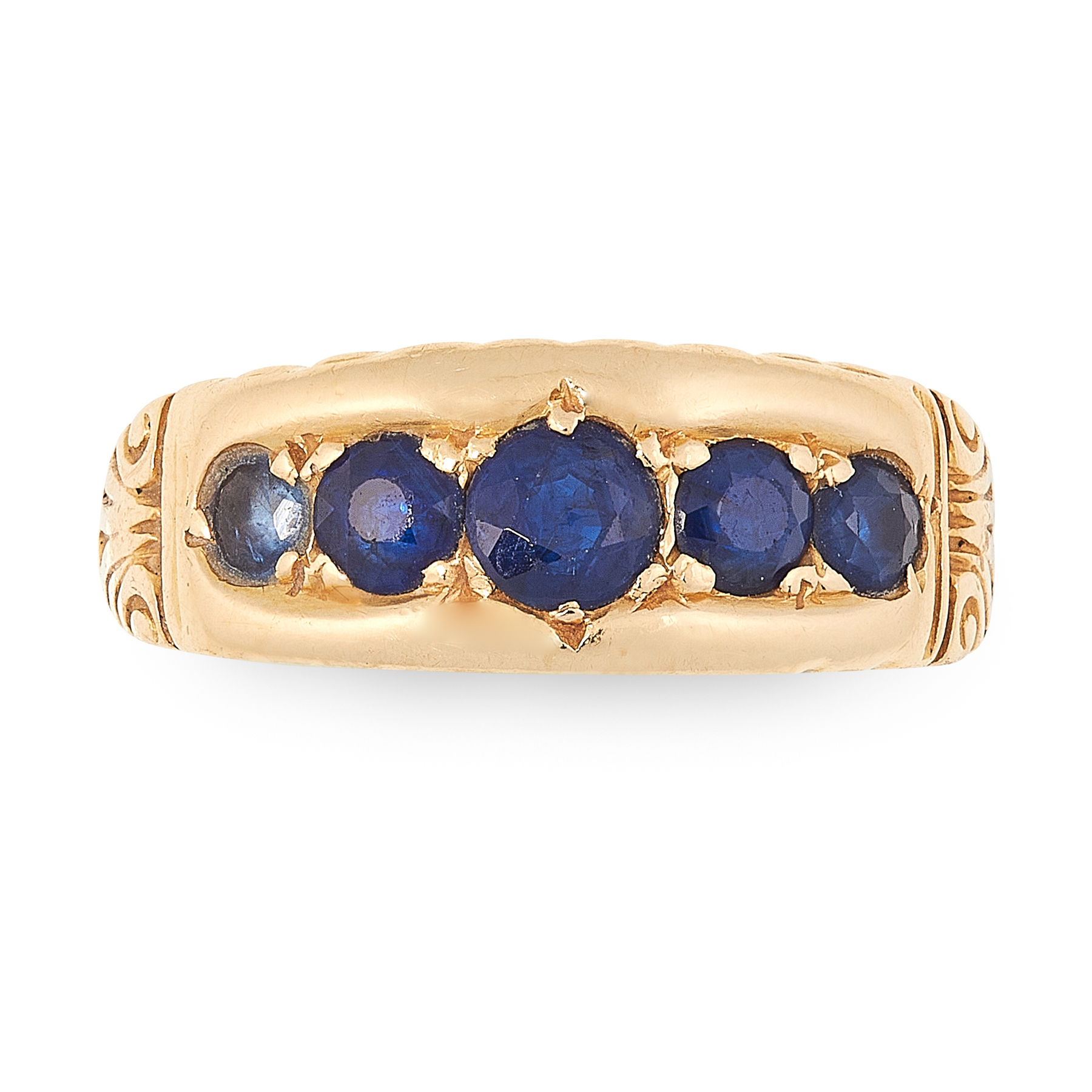 A SAPPHIRE FIVE STONE DRESS RING in 18ct yellow gold, set with a row of five graduated round cut