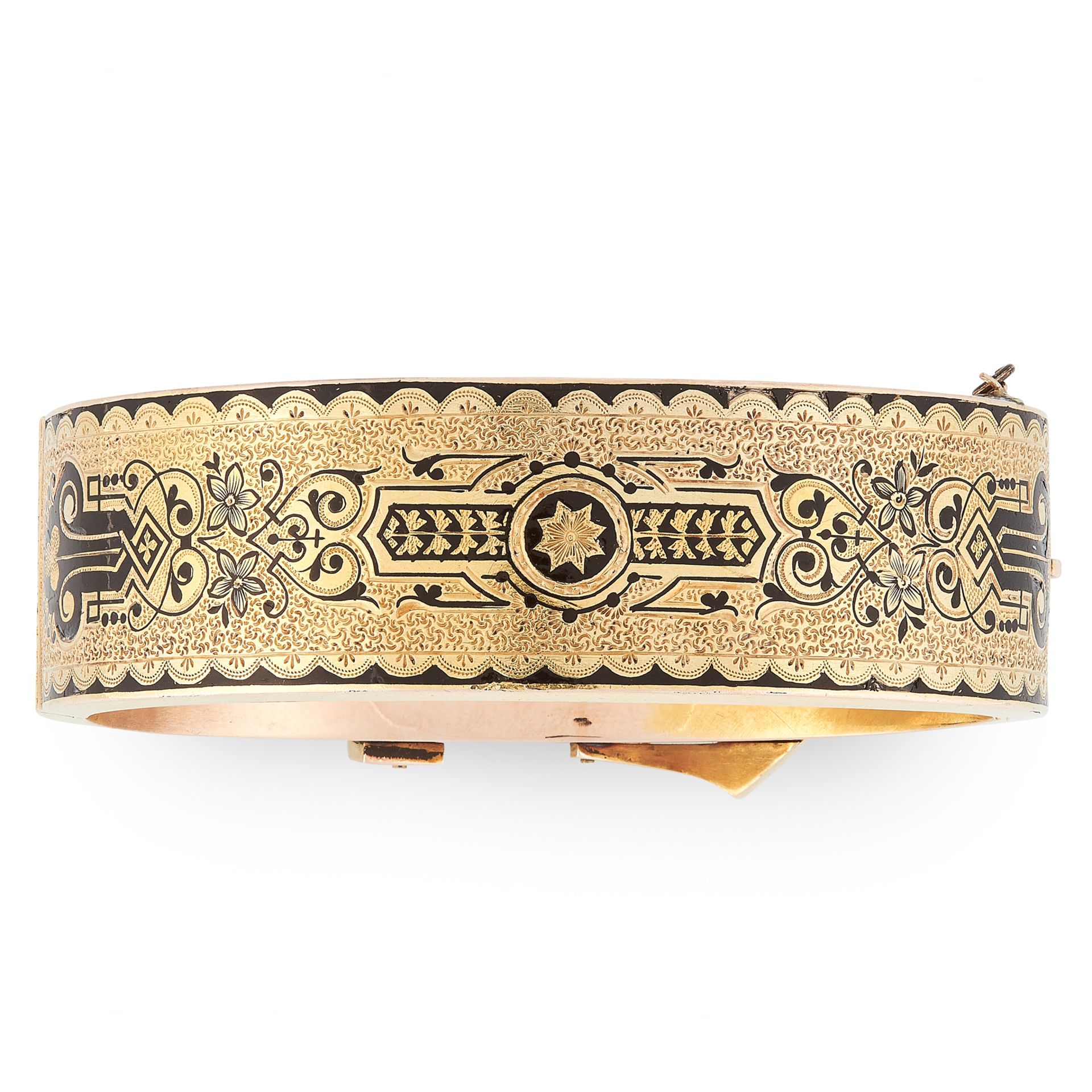 A FINE ANTIQUE ENAMEL BUCKLE BANGLE in yellow gold, designed as a fastened belt buckle, engraved and - Image 2 of 2