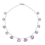 AN ANTIQUE AMETHYST NECKLACE in silver, comprising an interlinked chain suspending twelve
