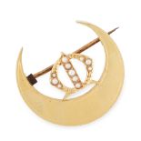 AN ANTIQUE PEARL CRESCENT BROOCH in 15ct yellow gold, designed as a crescent moon set at the
