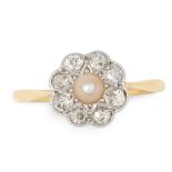 A PEARL AND DIAMOND CLUSTER RING in 18ct yellow gold, set with a pearl within a border of eight