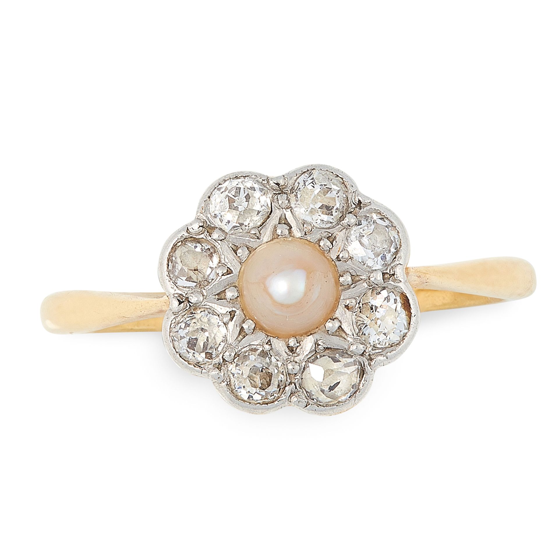 A PEARL AND DIAMOND CLUSTER RING in 18ct yellow gold, set with a pearl within a border of eight