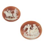TWO ANTIQUE CAMEOS each of oval form, carved to depict classical scenes, 3.2cm and 2.6cm, 6.5g.