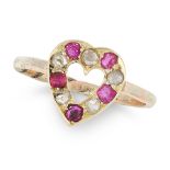 A RUBY AND DIAMOND HEART RING the antique face designed as a heart set with round cut rubies and