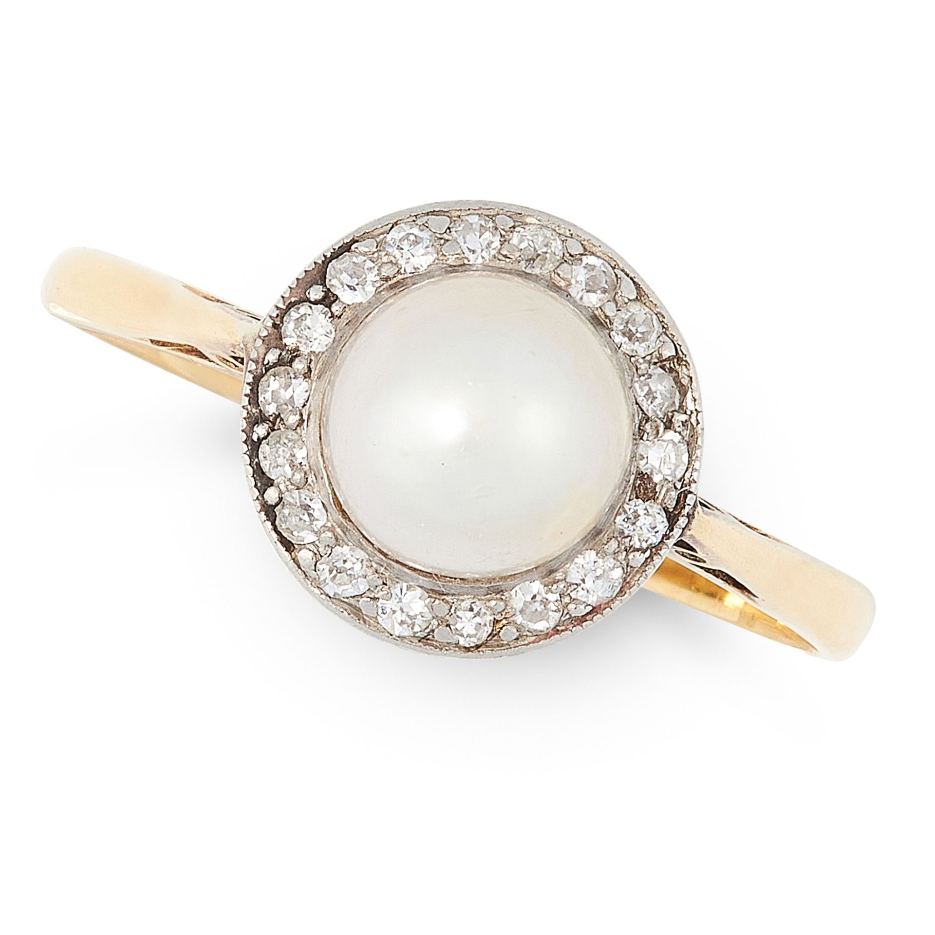 A PEARL AND DIAMOND RING in 18ct yellow gold and platinum, set with a pearl of 6.7mm within a border