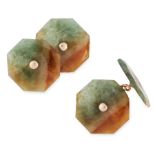 A PAIR OF MOSS AGATE CUFFLINKS in yellow gold, each formed of two octagonal faces carved from moss