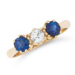 A SAPPHIRE AND DIAMOND DRESS RING in 18ct yellow gold, set with an old cut diamond between two round