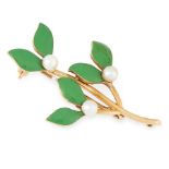 AN ANTIQUE ENAMEL AND PEARL FLOWER BROOCH in yellow gold, designed as a spray of leaves, decorated