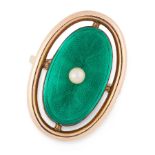 A PEARL AND ENAMEL DRESS RING, EARLY 20TH CENTURY in yellow gold, the oval face decorated with