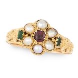 AN ANTIQUE VICTORIAN RUBY, EMERALD AND PEARL RING, 19TH CENTURY in 15ct yellow gold, set with a
