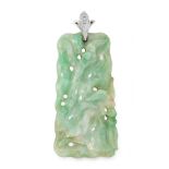 AN ANTIQUE CHINESE CARVED JADEITE JADE PENDANT of tapering rectangular form, carved to depict