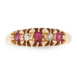 AN ANTIQUE RUBY AND DIAMOND DRESS RING, 1917 in 18ct yellow gold, set with a trio of graduated