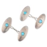 A PAIR OF ANTIQUE TURQUOISE CUFFLINKS, CHARLES HORNER in sterling silver, each formed of two